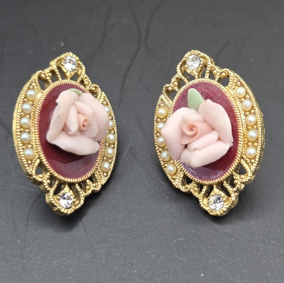 1928 Vintage Porcelain Pink Rose Post Earrings - Picture 1 of 4